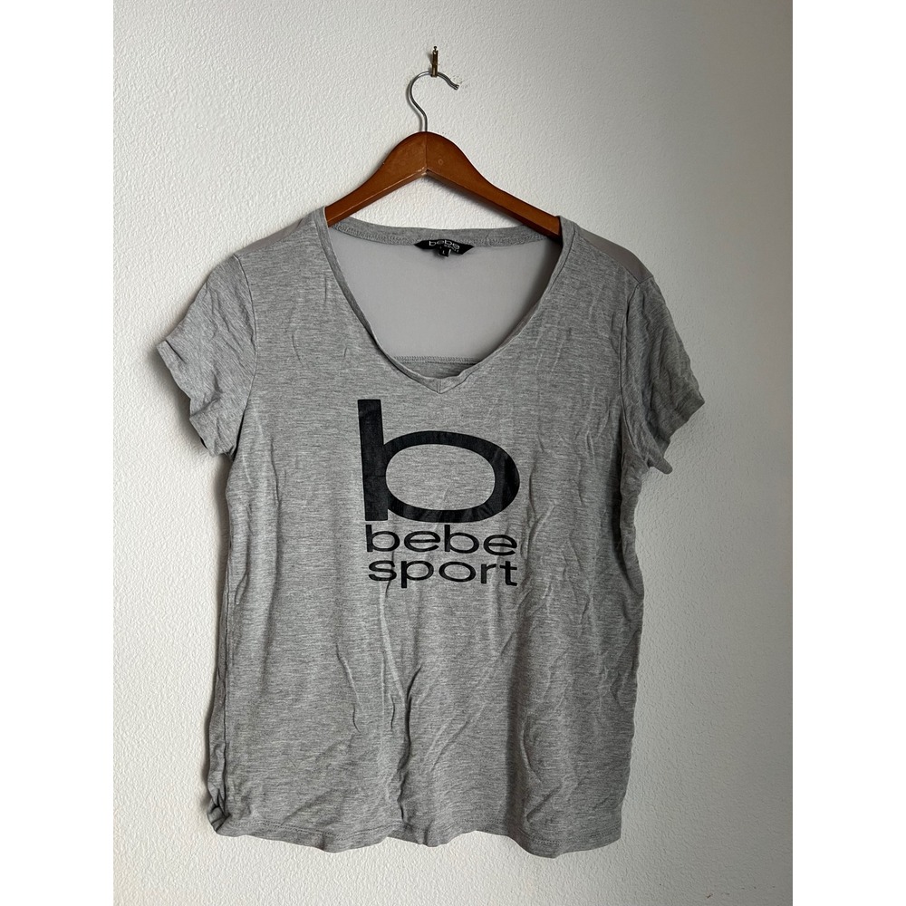 Bebe Sport Women's Gray V-Neck‎ T-Shirt Top Logo Short Sleeve